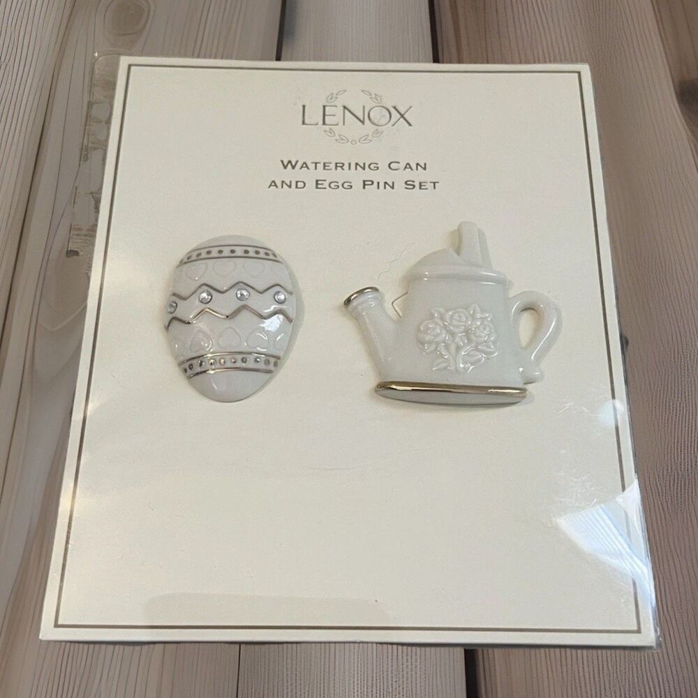 Lenox Watering Can and Egg Pin Set Rhinestones and 24Kt Gold Detail NIP